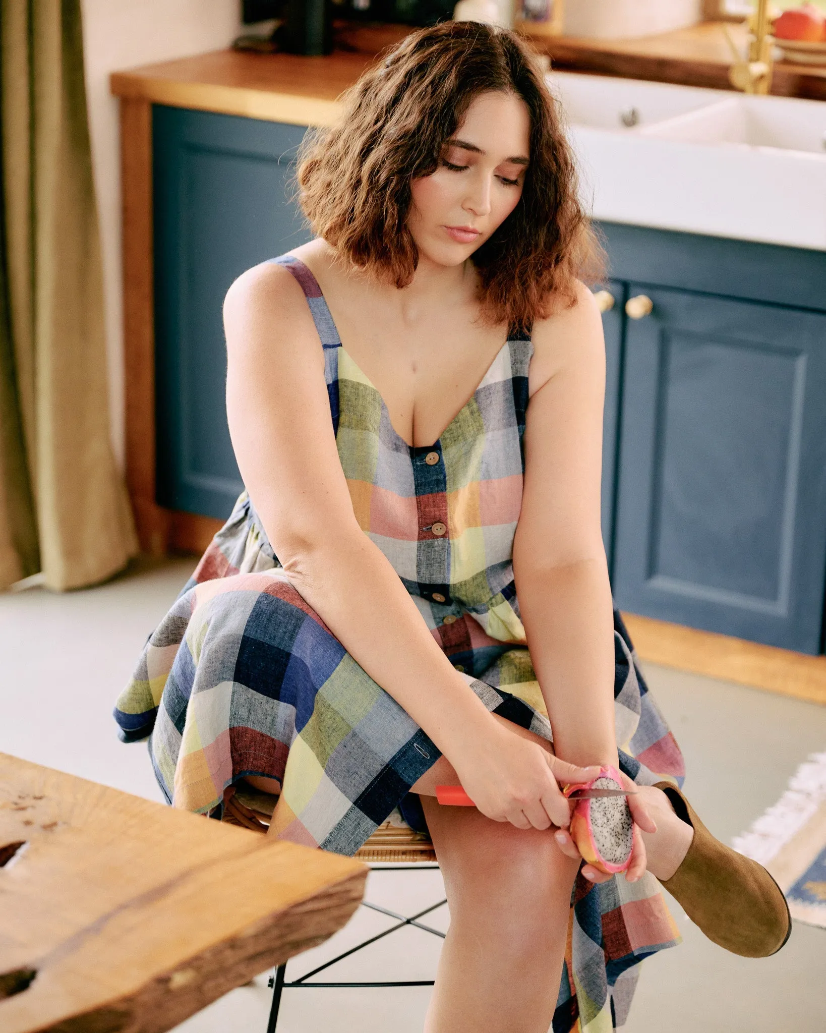 customized: SELMA button down slip linen dress (Color: Light Butter; Size: M/L - MAXI length) sold by Not Perfect Linen product image thumbnail 5