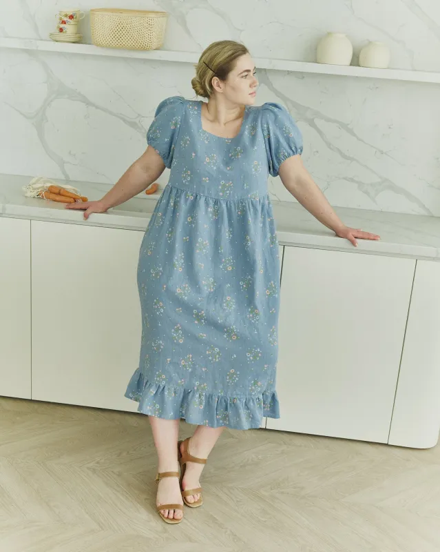 customized: NORA puff sleeve linen dress (Color: Cobalt Blue; Size: XS - Long MAXI (125 cm)) made by Not Perfect Linen