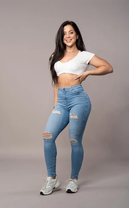 Womens Regular V2 4 Hole Ripped High Waisted Fitjeans - Arctic Light Blue sold by Fit Jeans