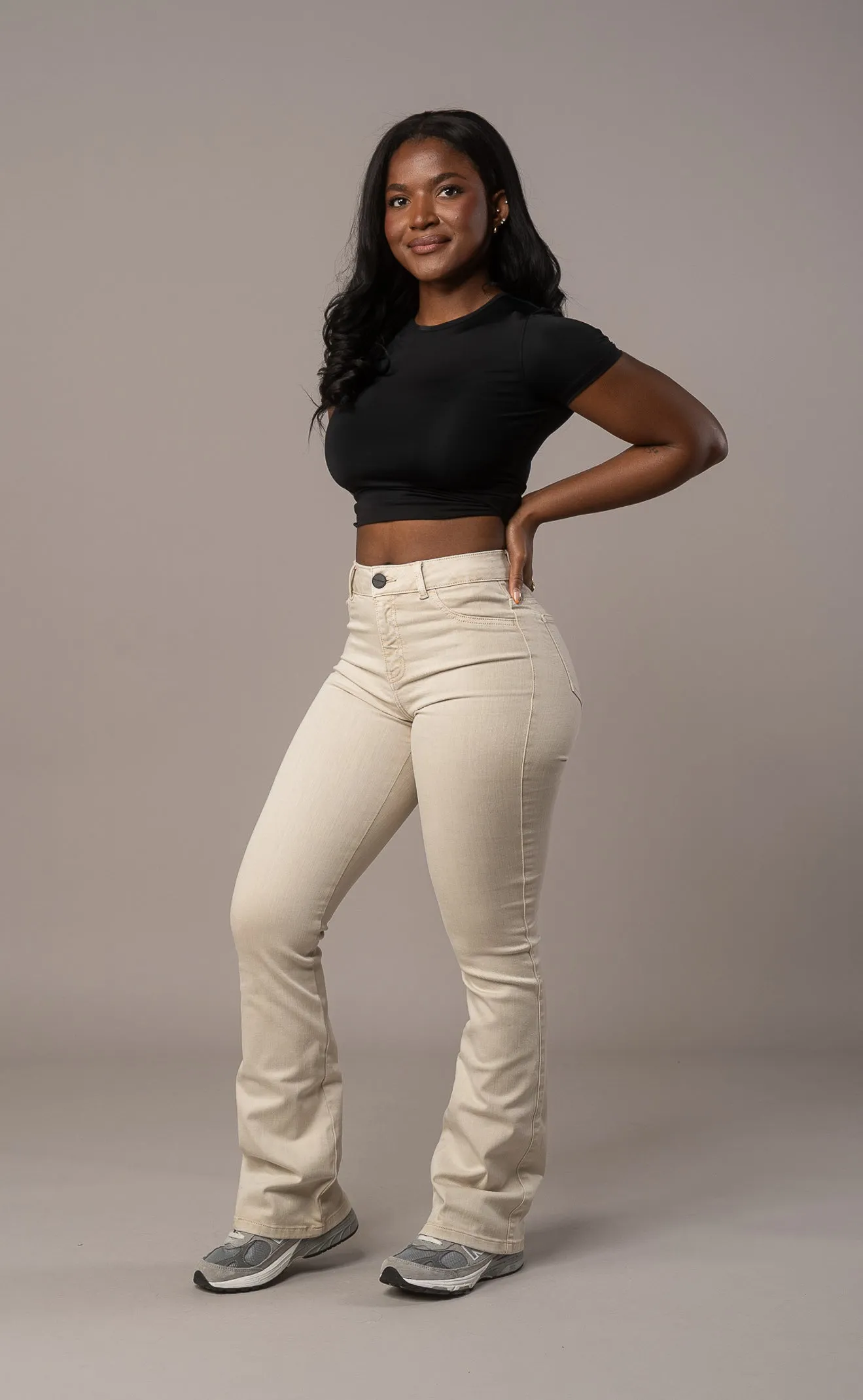 Womens Pastel Flared Mid Waisted Fitjeans - Sand sold by Fit Jeans