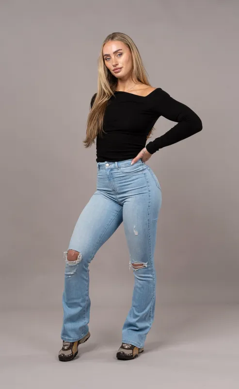 Womens Flared Ripped Fitjeans - Arctic Light Blue made by Fit Jeans