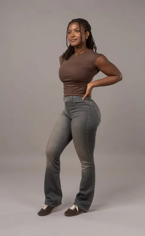 Womens Flared Mid Waisted Fitjeans - Warm Grey made by Fit Jeans