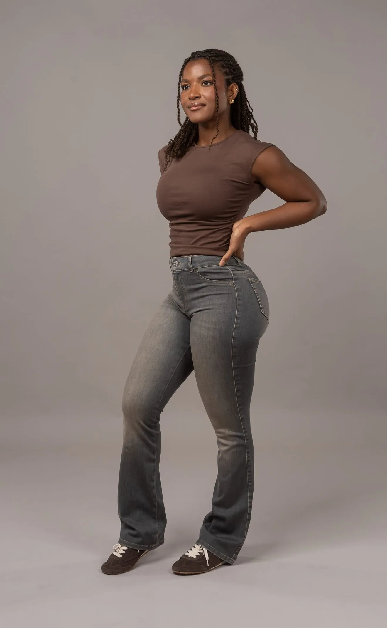 Womens Flared Mid Waisted Fitjeans - Warm Grey sold by Fit Jeans