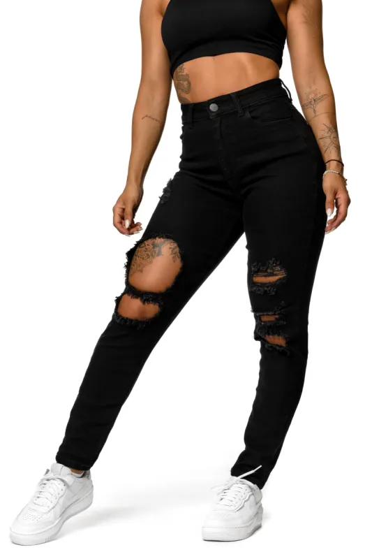 Womens Traditional V2 Mom Super Ripped High Waisted Fitjeans - Black sold by Fit Jeans