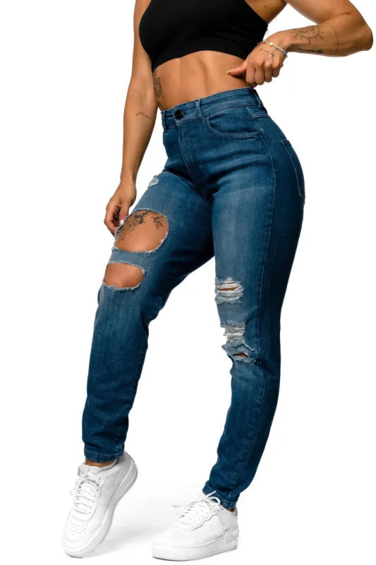 Womens Traditional V2 Mom Super Ripped High Waisted Fitjeans - Azure Blue sold by Fit Jeans
