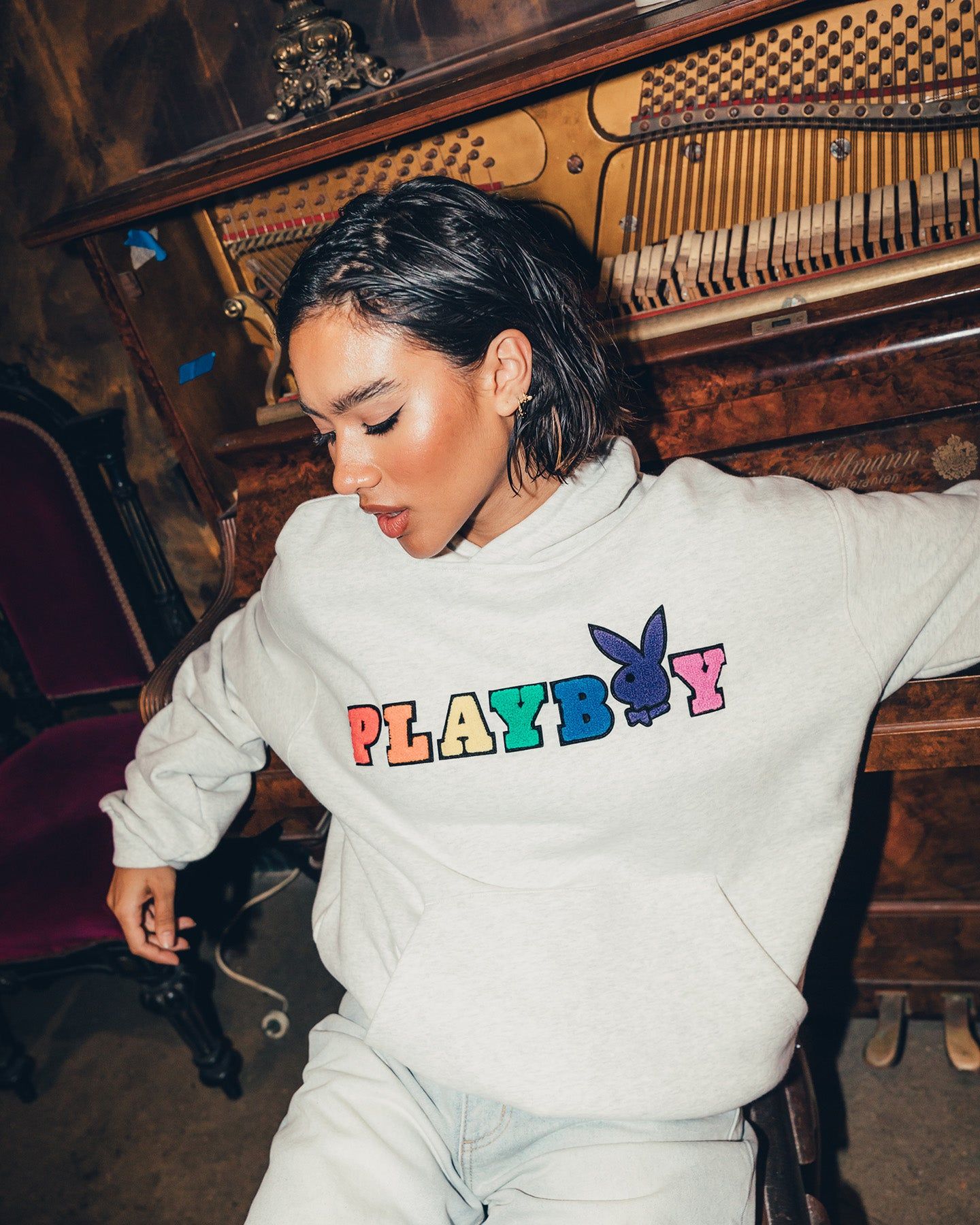 Playboy By CK Chenille Wordmark Hoodie Ash sold by Culture Kings