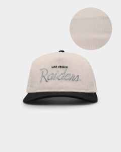 New Era Las Vegas Raiders 'Chrome Corduroy Throwback Script' Golfer Snapback Chrome White sold by Culture Kings