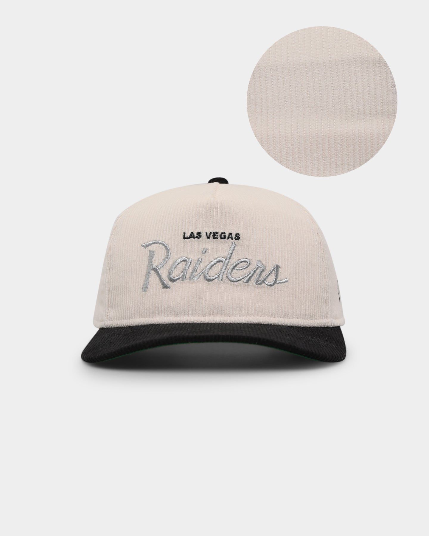 New Era Las Vegas Raiders 'Chrome Corduroy Throwback Script' Golfer Snapback Chrome White sold by Culture Kings