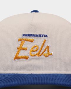 New Era Paramatta Eels 'NRL Retro Script Corduroy' Golfer Snapback Chrome White sold by Culture Kings