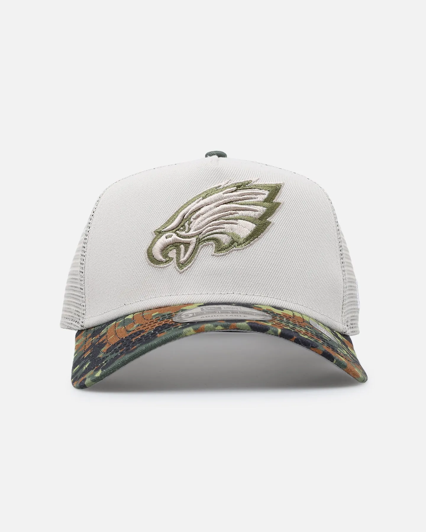 New Era Philadelphia Eagles "Camo Visor" 9FORTY A-Frame Trucker Snapback Stone/Olive sold by Culture Kings