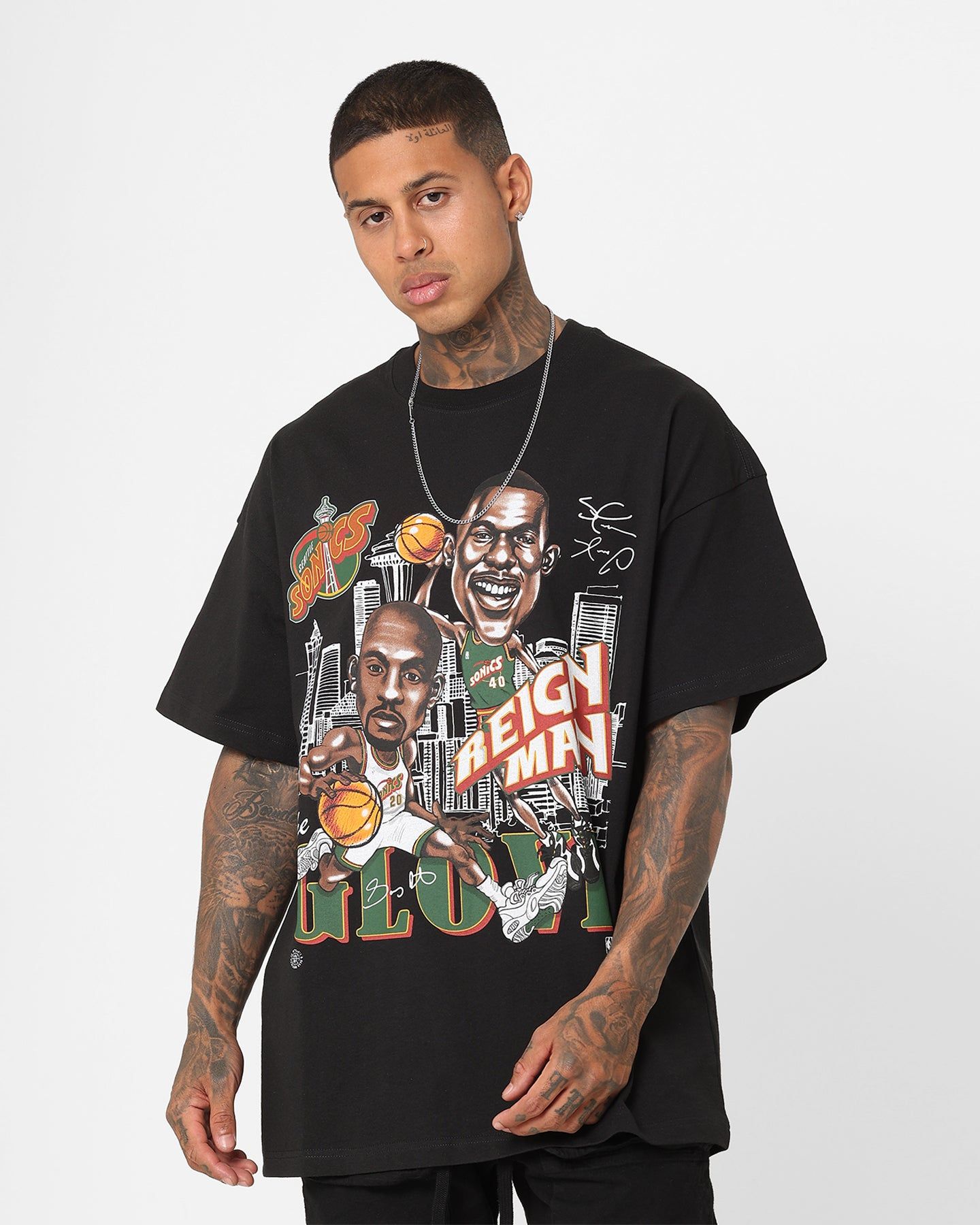 Mitchell & Ness Seattle Supersonics Gary Payton and Shawn Kemp Caricature T-Shirt Faded Black sold by Culture Kings