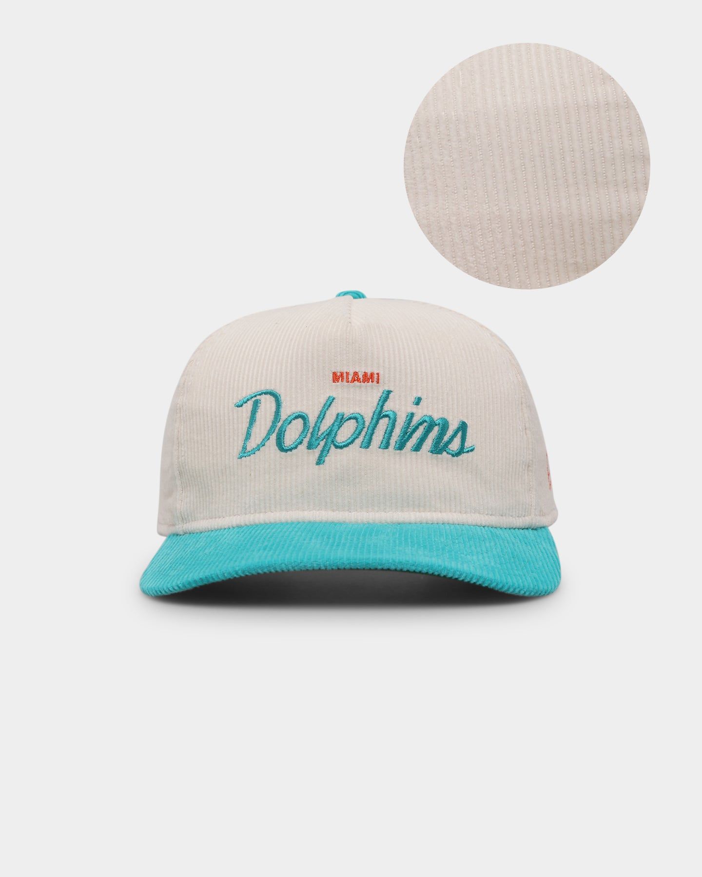 New Era Miami Dolphins 'Chrome Corduroy Throwback Script' Golfer Snapback Chrome White sold by Culture Kings