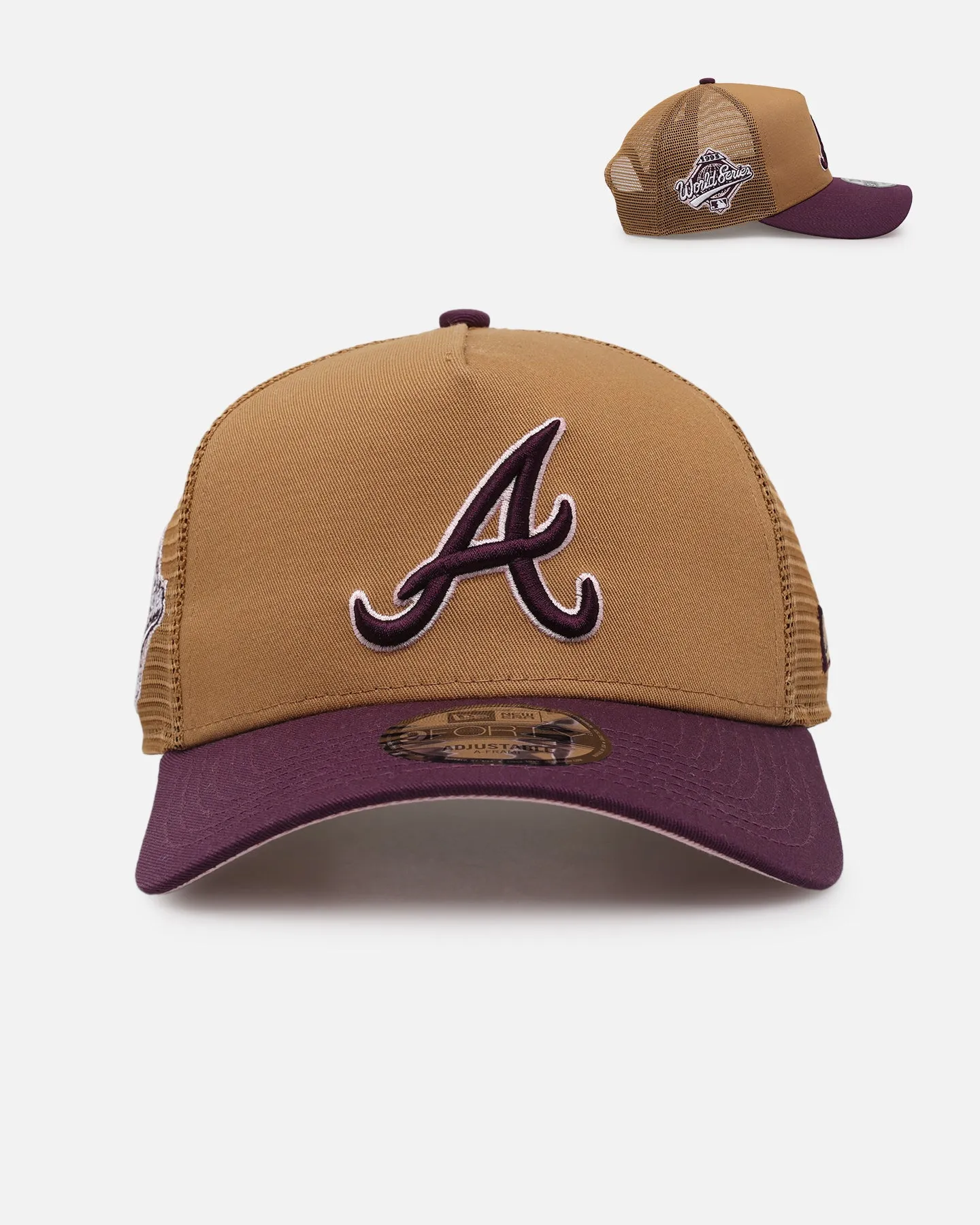 New Era Atlanta Braves 'Rustic Rose' 9FORTY A-Frame Trucker Snapback Wheat sold by Culture Kings