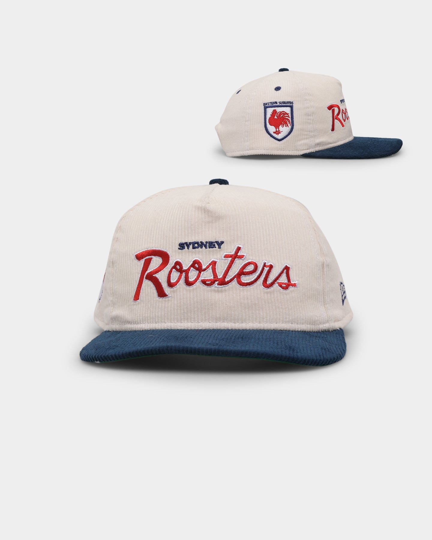 New Era Sydney Roosters 'NRL Retro Script Corduroy' Golfer Snapback Chrome White sold by Culture Kings