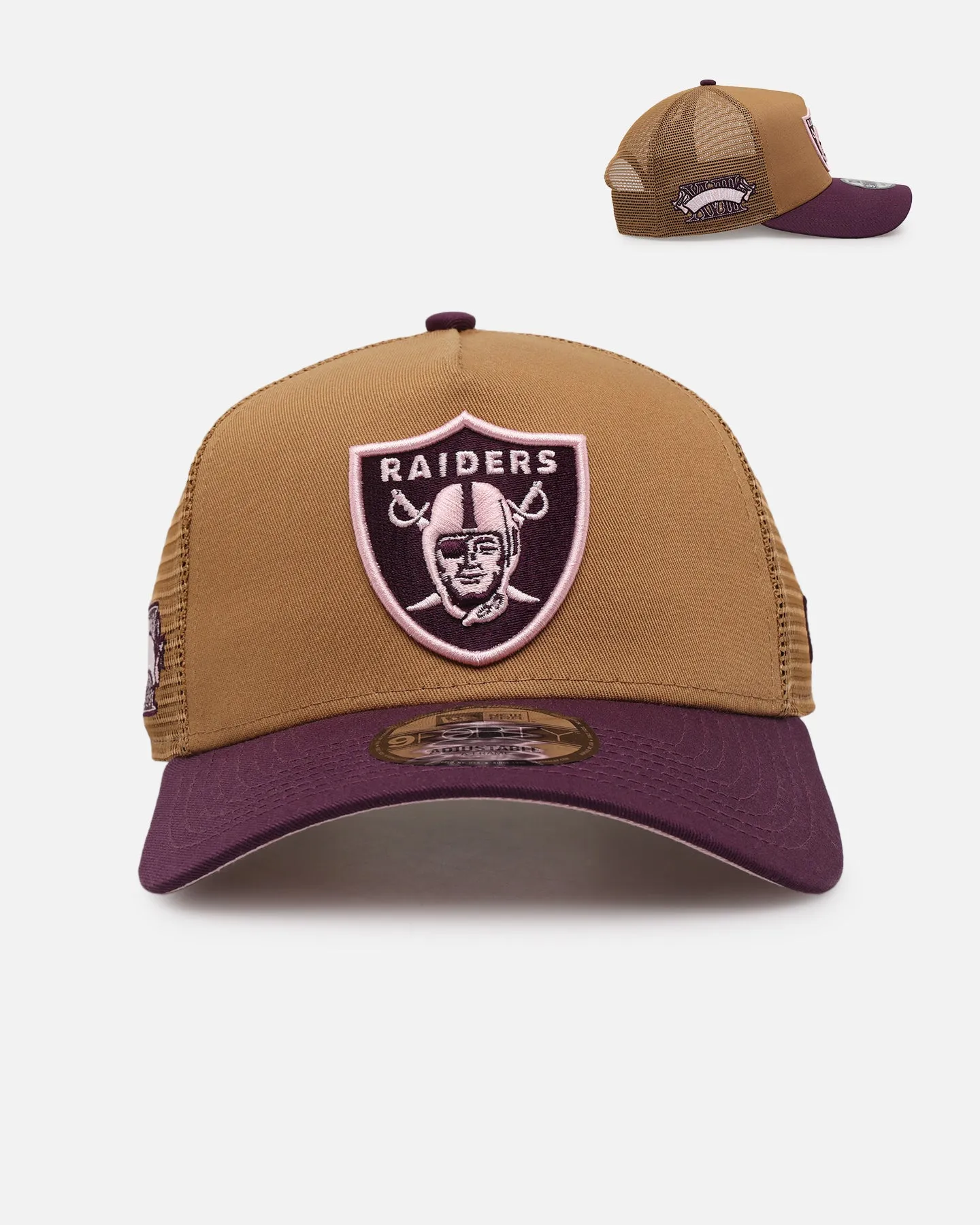 New Era Oakland Raiders 'Rustic Rose' 9FORTY A-Frame Trucker Snapback Wheat sold by Culture Kings