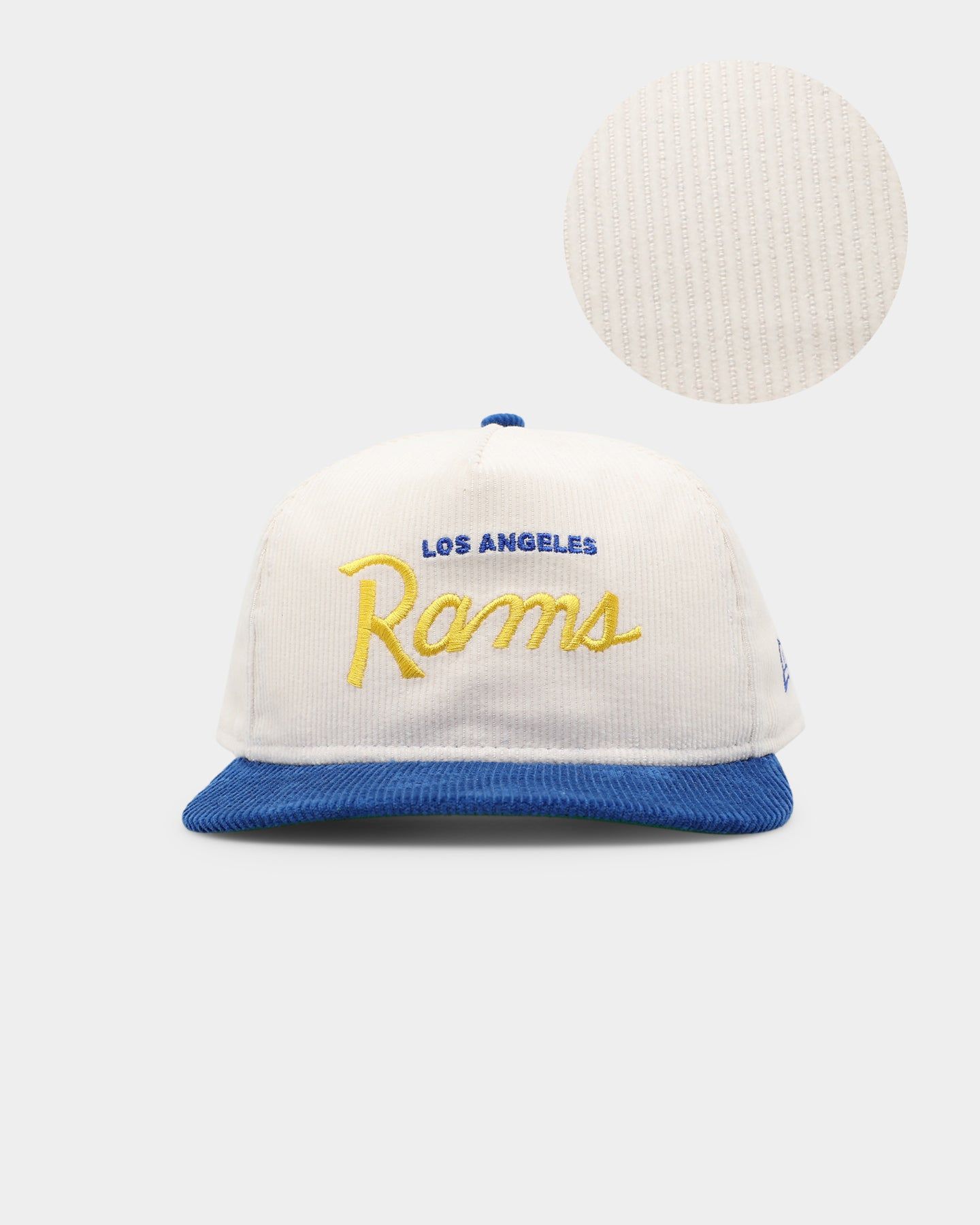 New Era Los Angeles Rams 'Chrome Corduroy Throwback Script' Golfer Snapback Chrome White sold by Culture Kings
