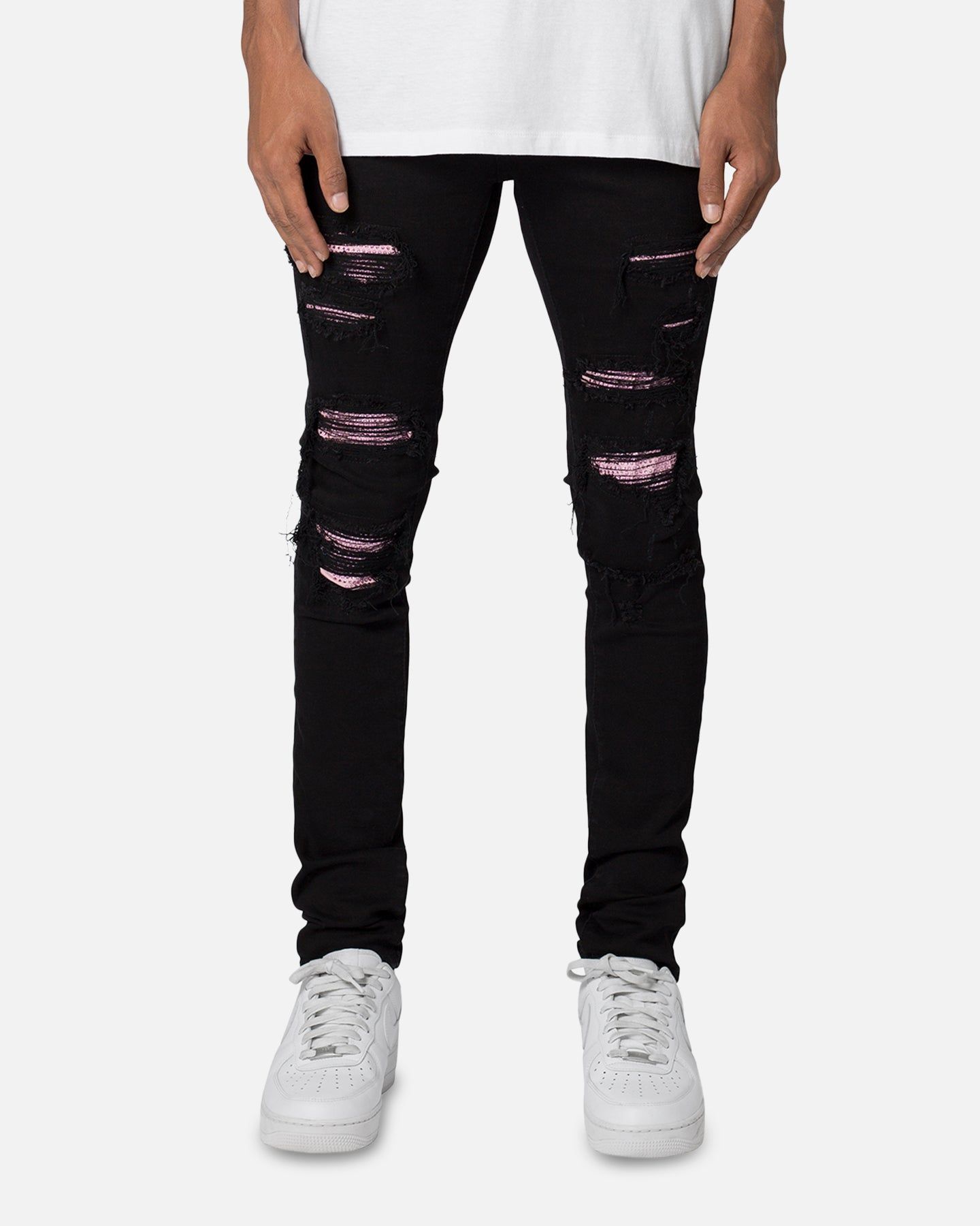 【関税・送料込み】MNML X555 CRYSTAL SKINNY DENIM Men's Crystal Diamond Bling Stretch Ripped Destroyed