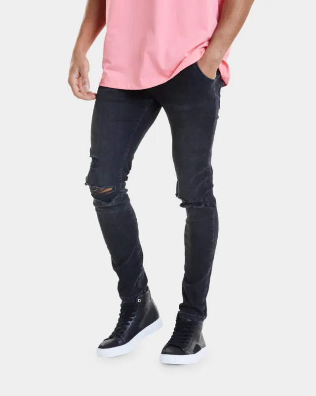 Sik Silk Slim Fit Distressed Denim Jeans Washed Black sold by Culture Kings