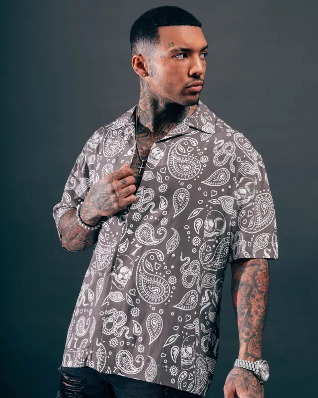 Saint Morta Paisley Skulls Short Sleeve Button Up Shirt Vintage Brown sold by Culture Kings