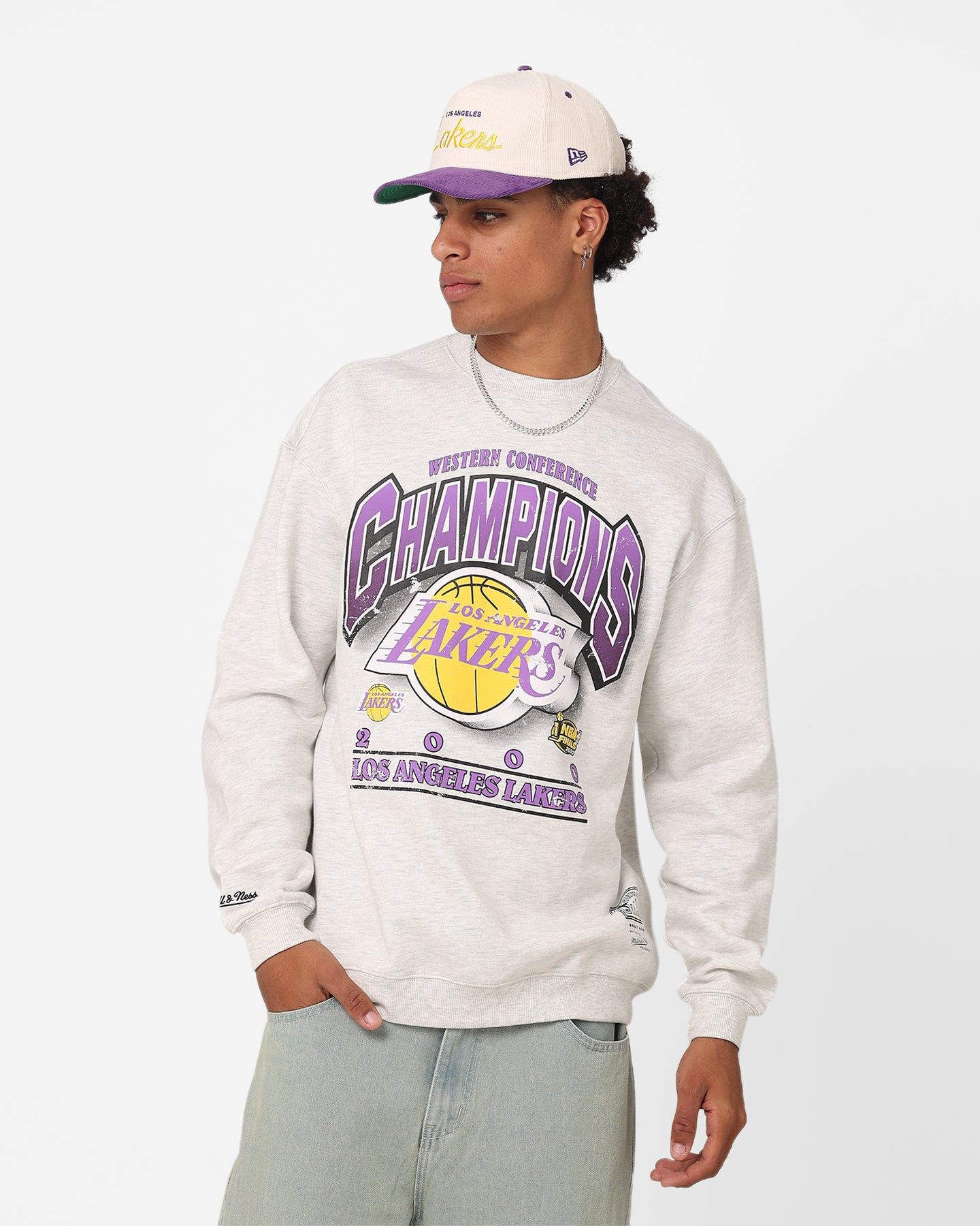 Mitchell & Ness Los Angeles Lakers Bevelled Crewneck Silver Marle sold by Culture Kings