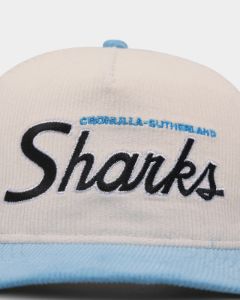 New Era Cronulla Sharks 'NRL Retro Script Corduroy' Golfer Snapback Chrome White sold by Culture Kings