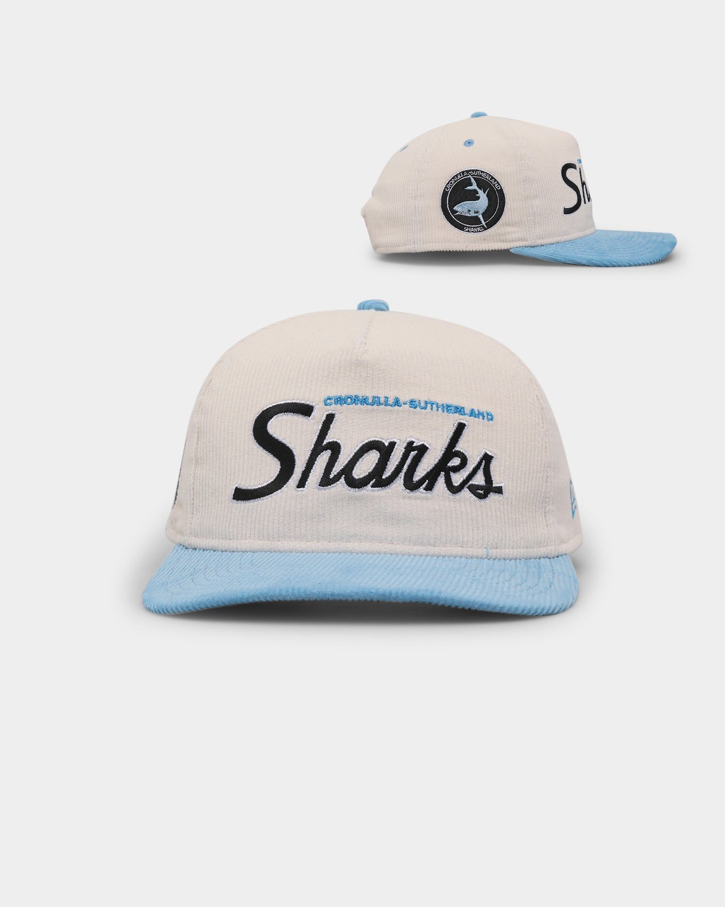 New Era Cronulla Sharks 'NRL Retro Script Corduroy' Golfer Snapback Chrome White sold by Culture Kings