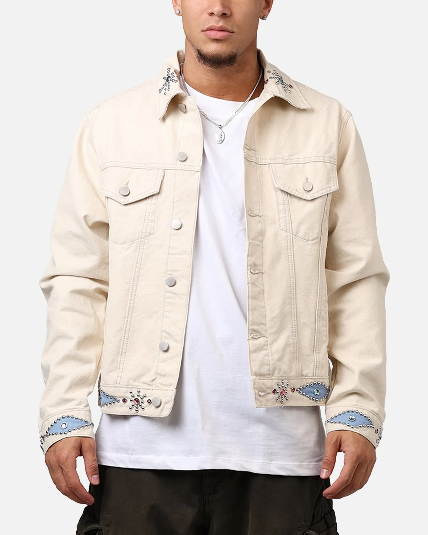MNML Jewel Studded Trucker Jacket White sold by Culture Kings