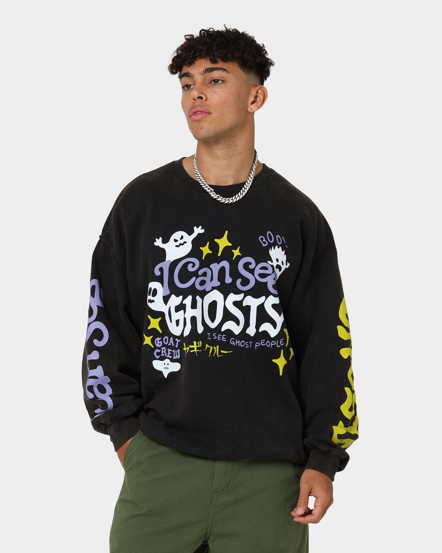 Goat Crew I Can See Ghosts All Over Print Crewneck Washed Black sold by Culture Kings