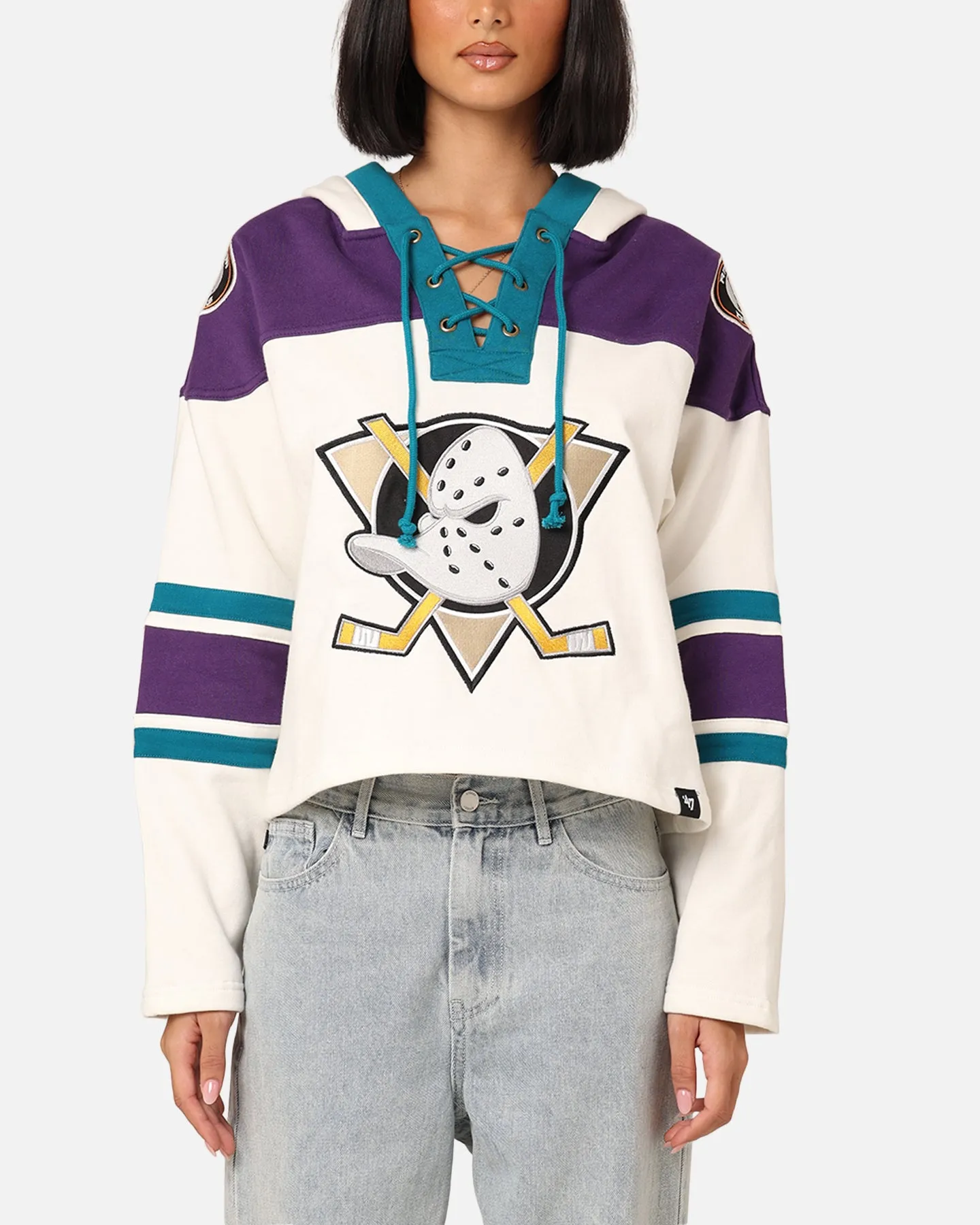 47 Brand Women's Anaheim Ducks Cropped Lacer Hoodie White Wash sold by Culture Kings