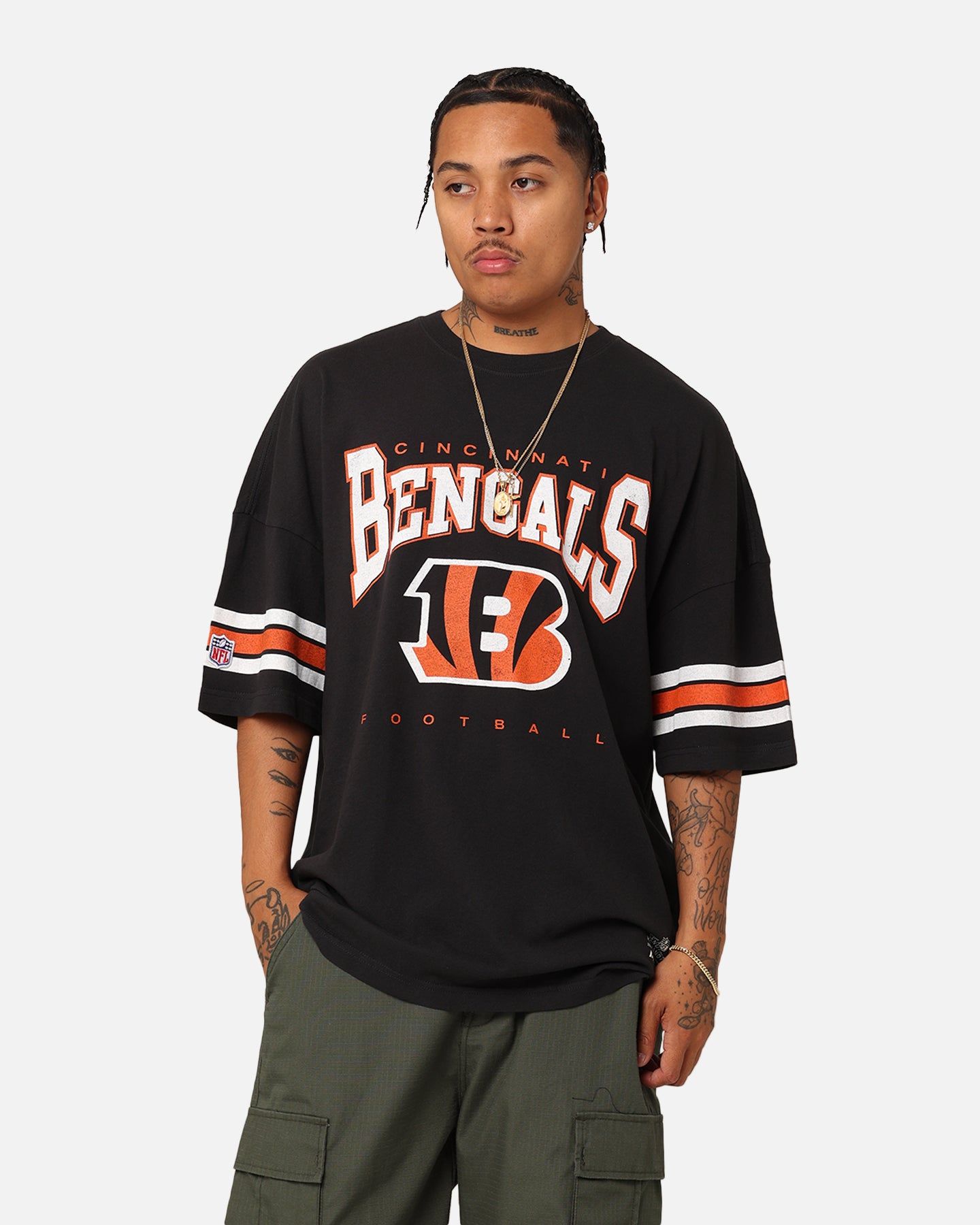 Majestic Athletic Cincinnati Bengals Vintage Sport Striped Sleeve T-Shirt Faded Black sold by Culture Kings