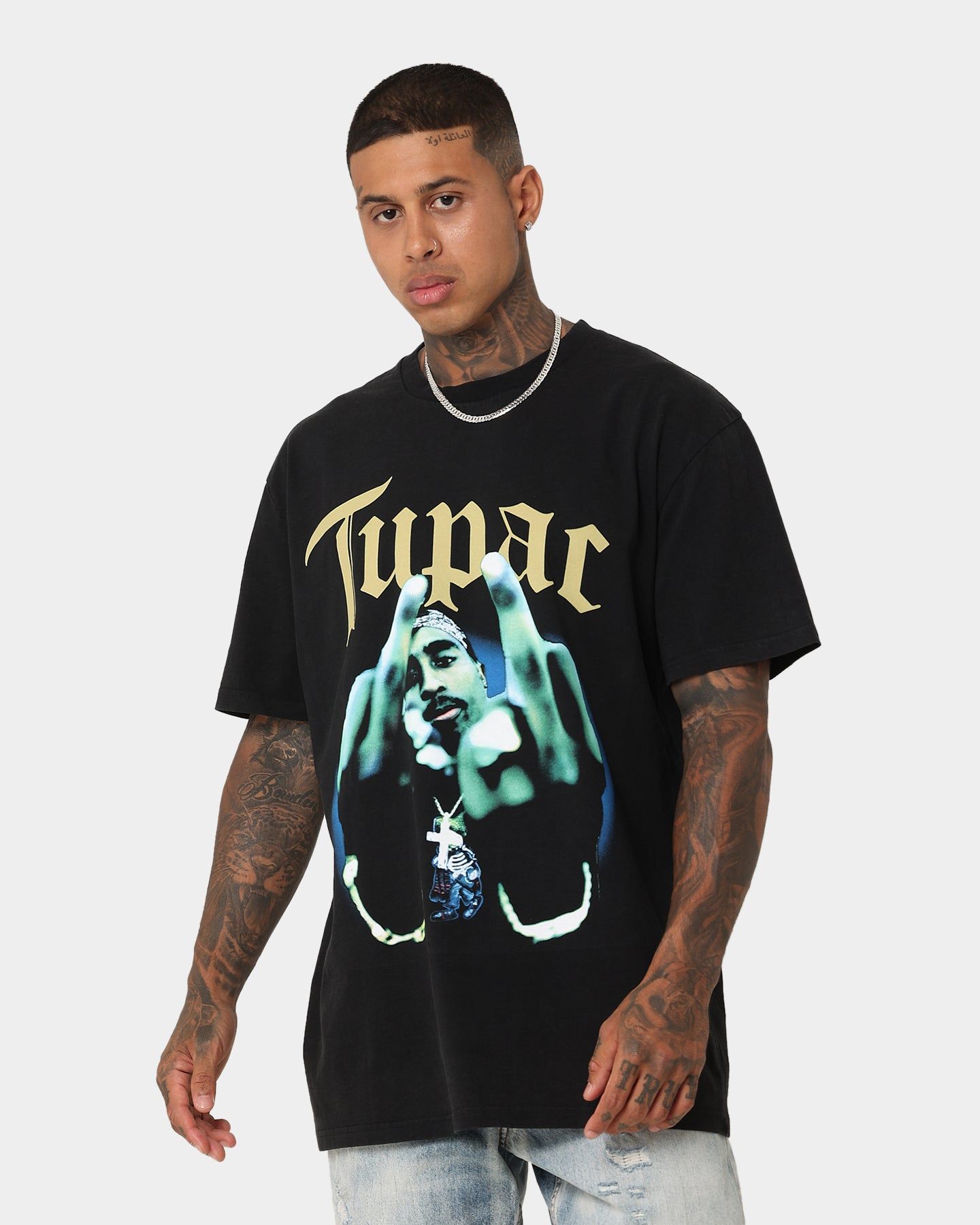 Tupac Middle Finger T-Shirt Washed Black sold by Culture Kings