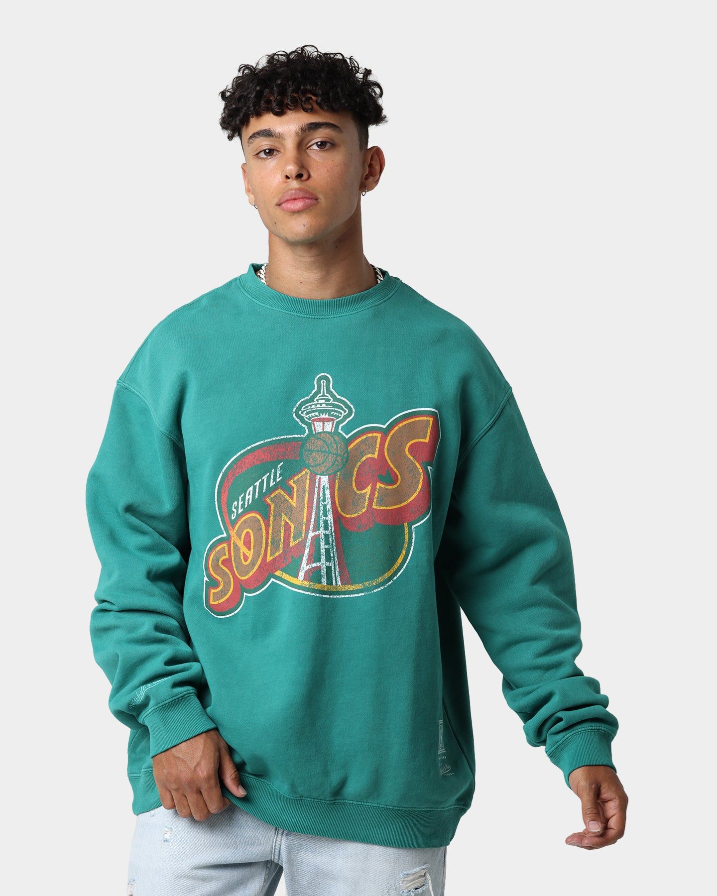 Mitchell & Ness Seattle Supersonics Vintage HWC Big LG Crewneck Faded Green sold by Culture Kings