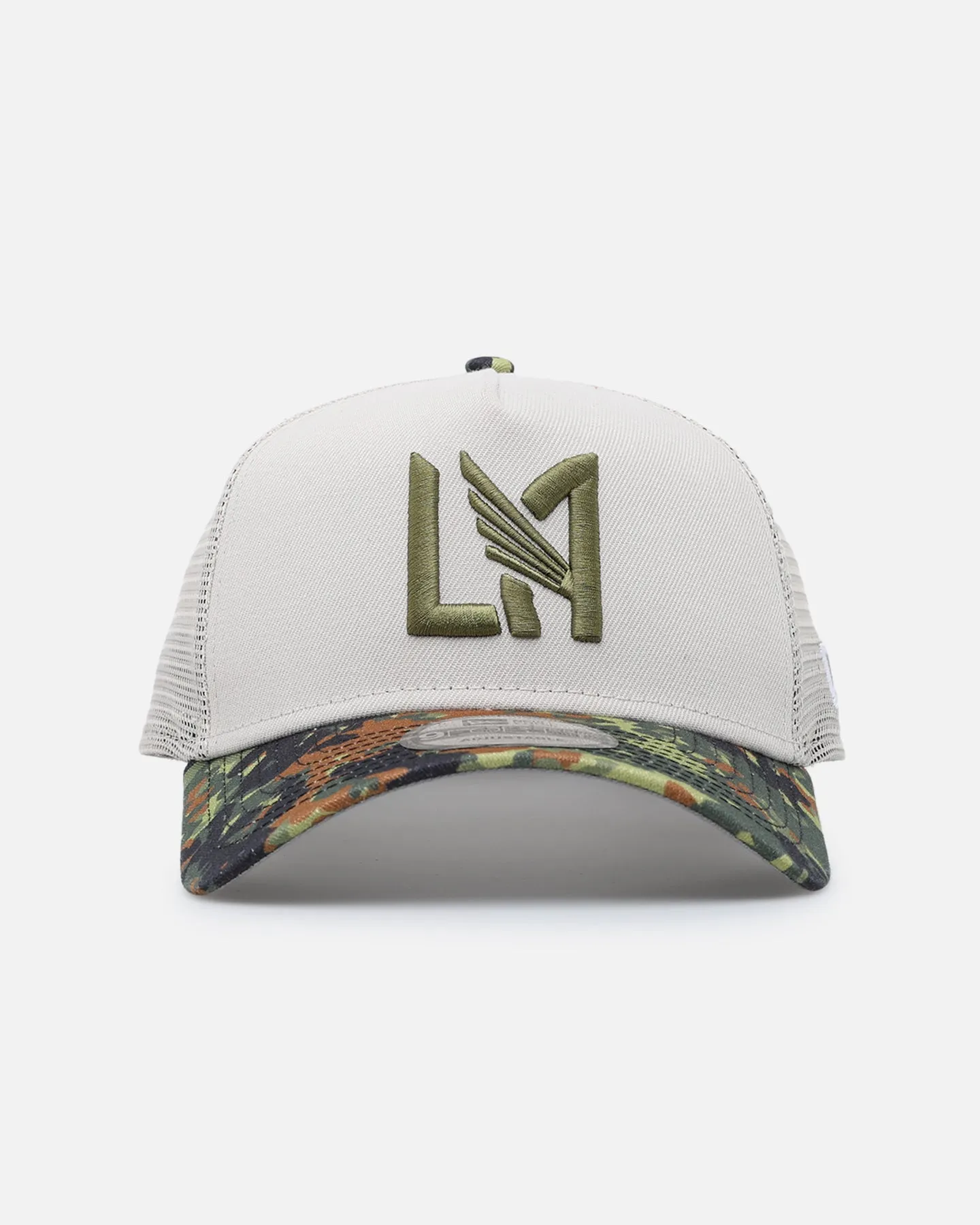 New Era Los Angeles Football Club "Camo Visor" 9FORTY A-Frame Trucker Snapback Stone/Olive sold by Culture Kings