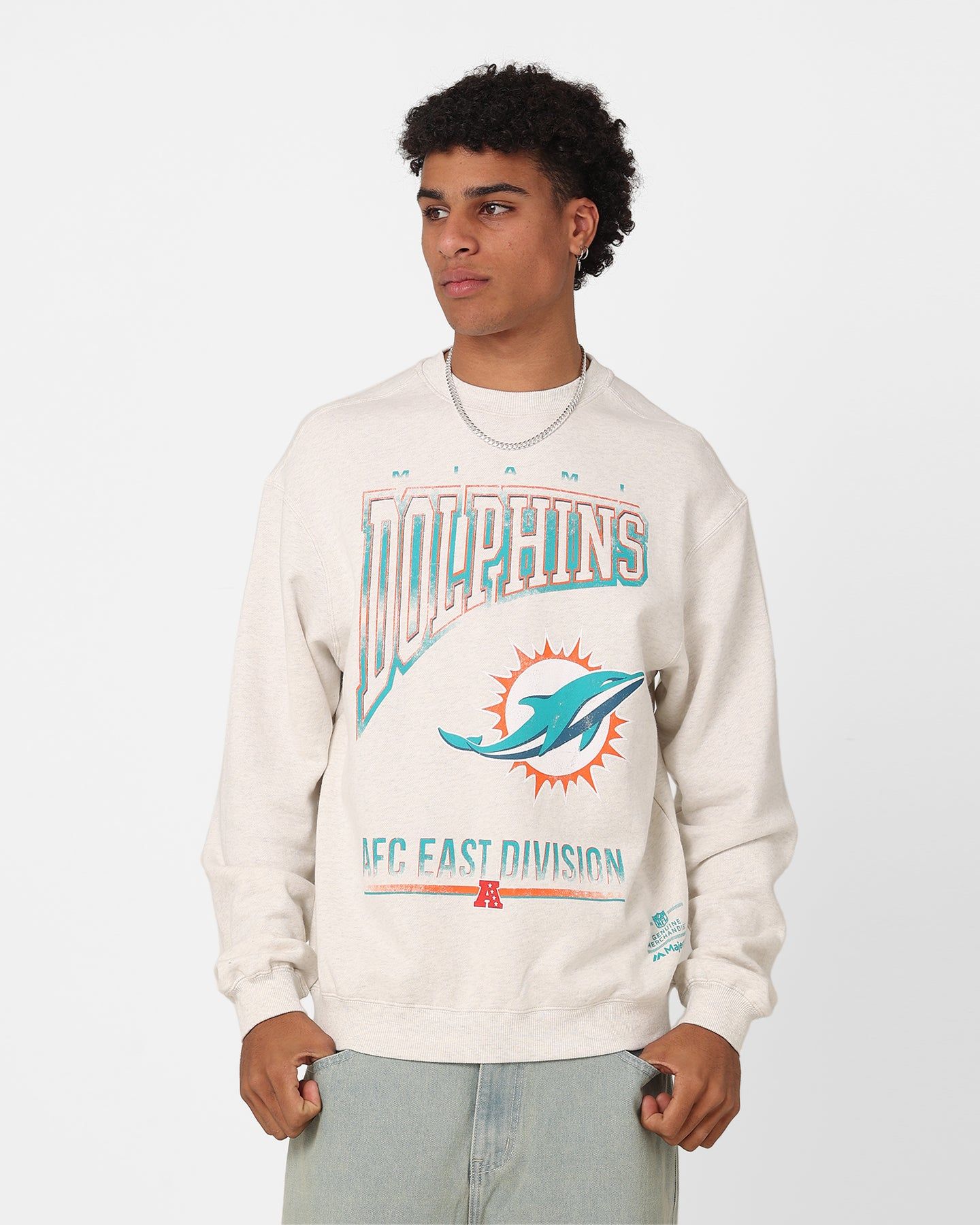 Majestic Athletic Miami Dolphins Arch Rise Crewneck Sweatshirt Vintage White Marle sold by Culture Kings