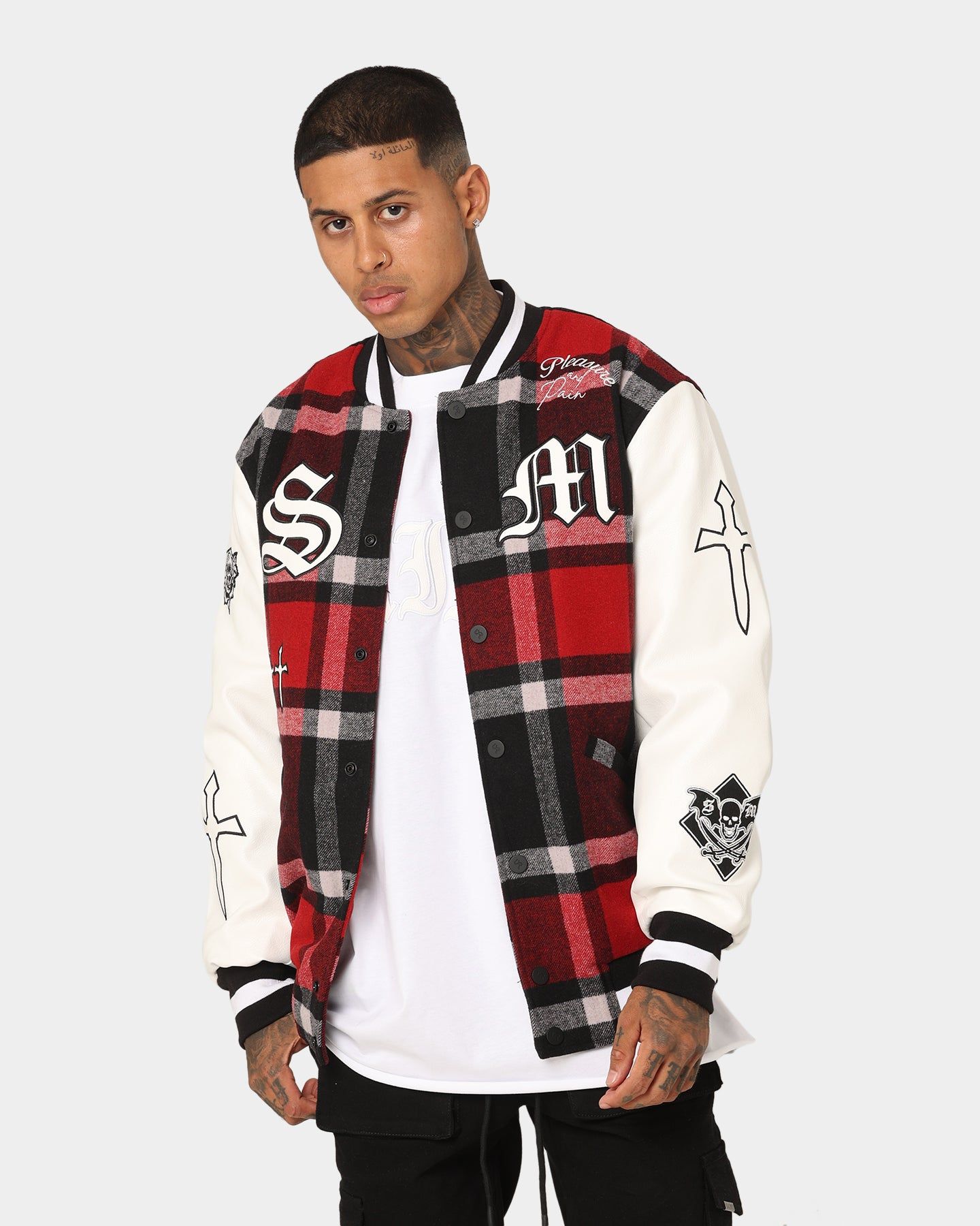 Saint Morta Graveyard Plaid Varsity Jacket Red/Black/White sold by Culture Kings