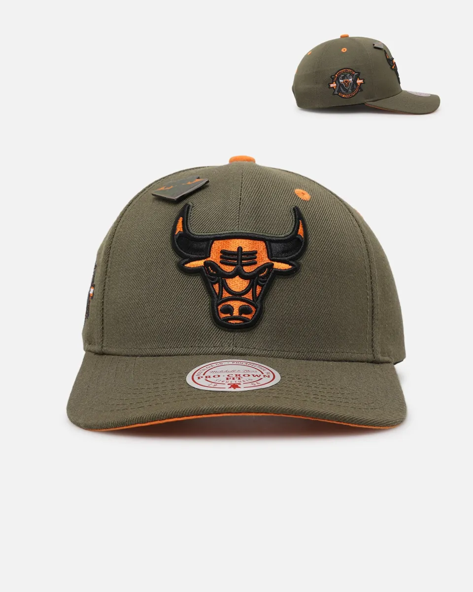 Mitchell & Ness Chicago Bulls 'Harmony of Hues' Pro Crown Snapback Olive/Orange sold by Culture Kings