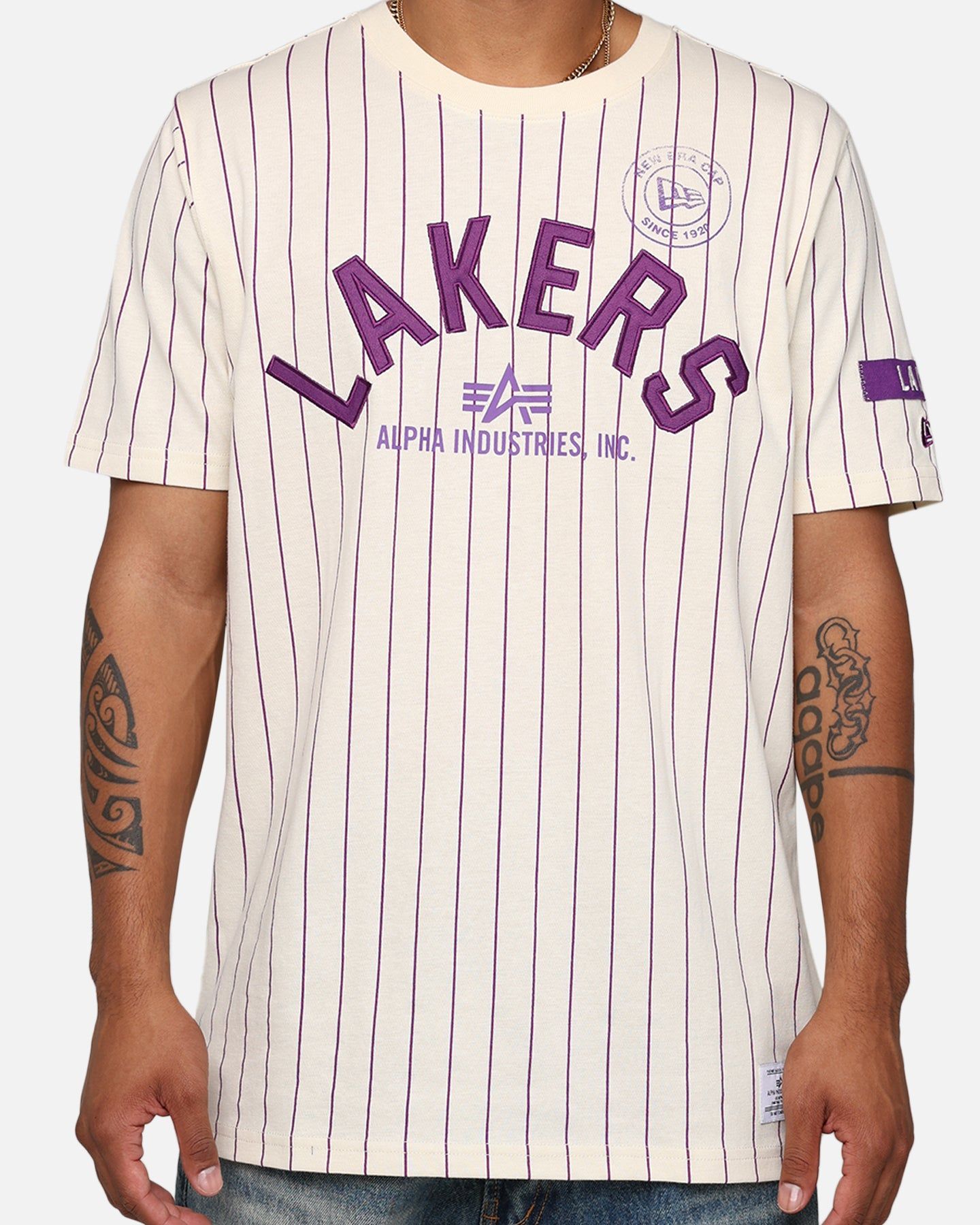 New Era X Alpha Industries Los Angeles Lakers Striped T-Shirt White sold by Culture Kings product image thumbnail 4