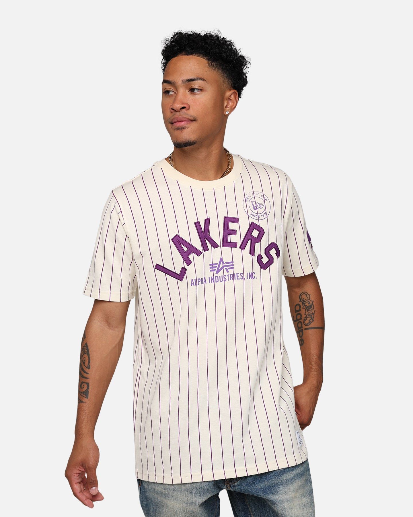 New Era X Alpha Industries Los Angeles Lakers Striped T-Shirt White sold by Culture Kings
