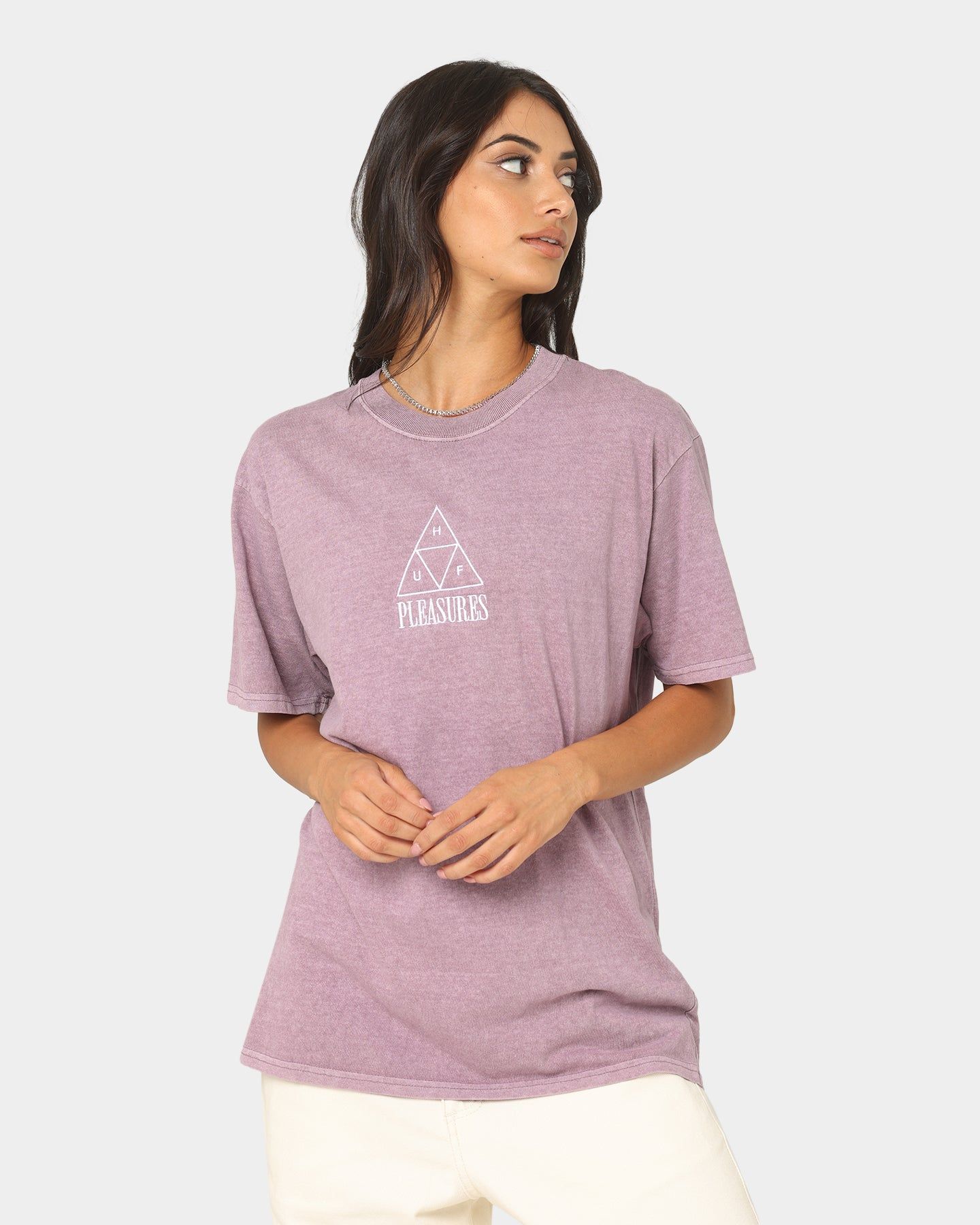 HUF X Pleasures Dyed Short Sleeve T-Shirt Purple sold by Culture Kings
