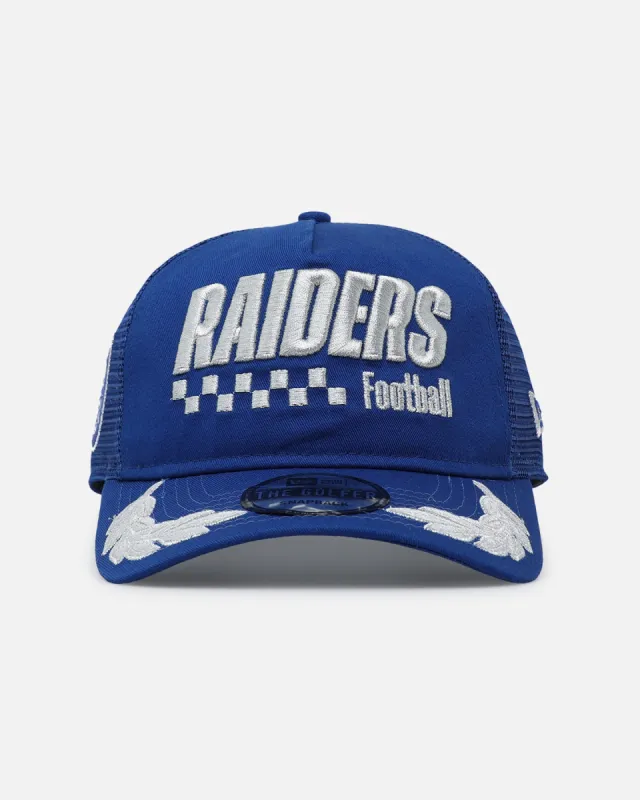 New Era Las Vegas Raiders 'Podium Pack' Pre-Curved Golfer Trucker Snapback Light Royal/Metallic Gold sold by Culture Kings
