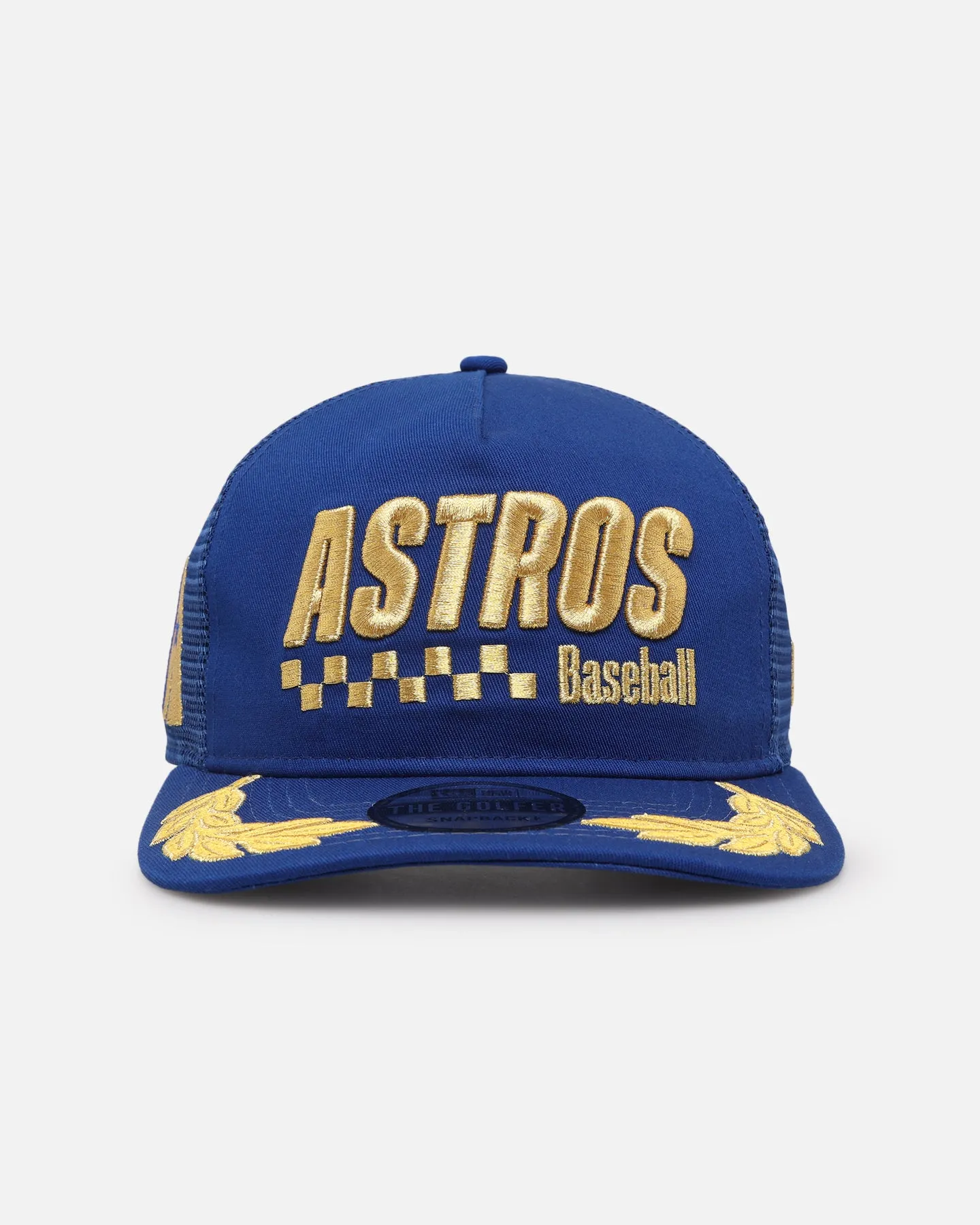 New Era Houston Astros 'Podium Collection' Pre-Curved Golfer Trucker Snapback Light Royal/Metallic Gold sold by Culture Kings