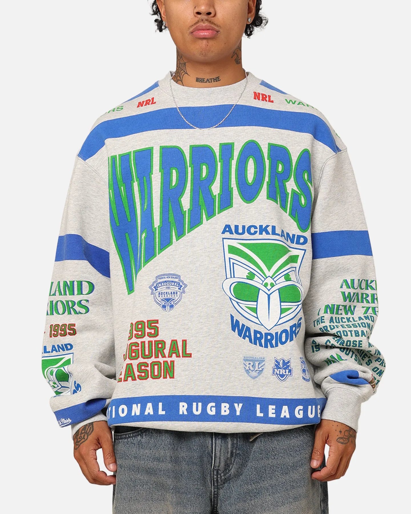 Mitchell & Ness New Zealand Warriors Team Crewneck Grey Marle sold by Culture Kings
