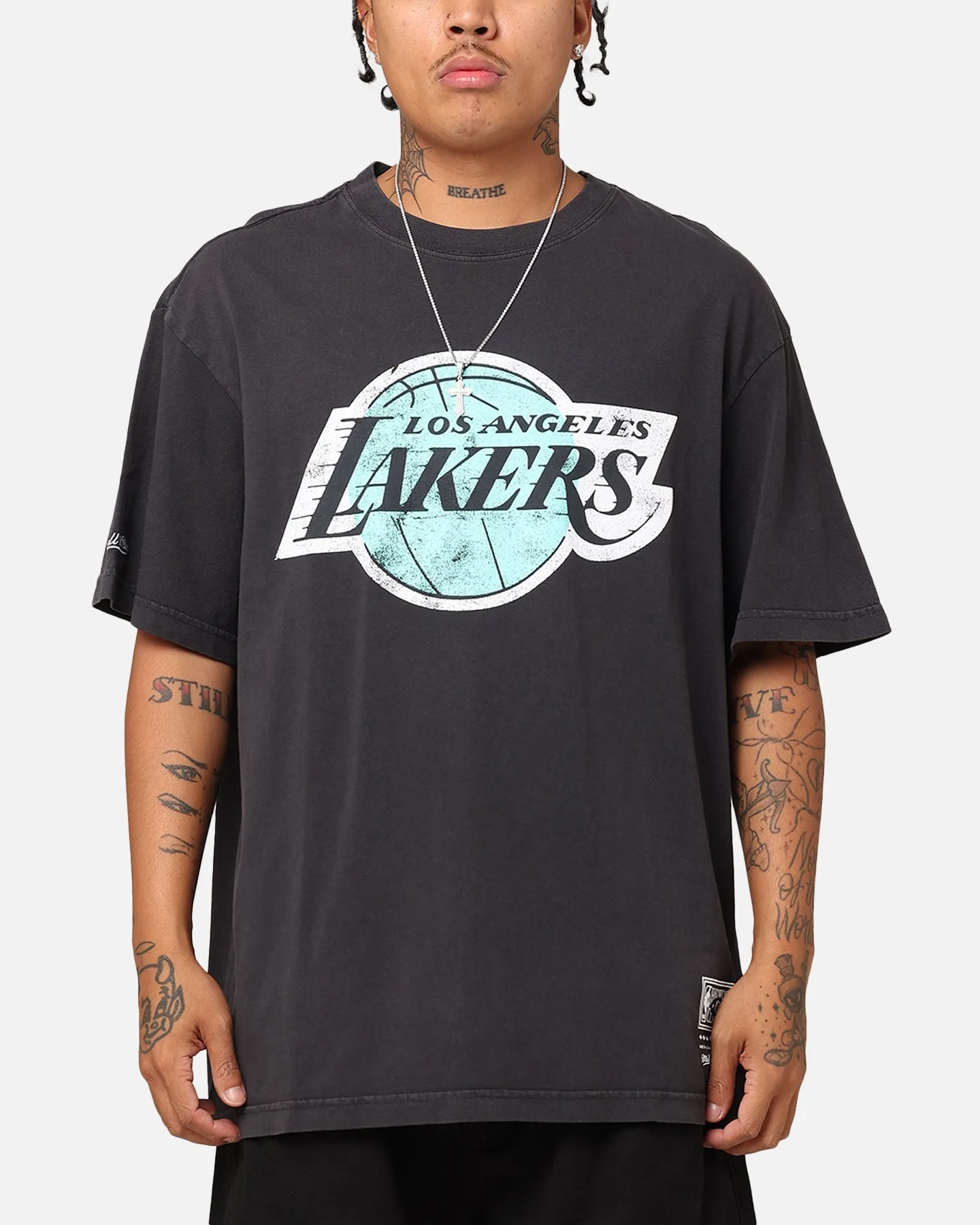 Mitchell & Ness Los Angeles Lakers Ice Blue Logo T-Shirt Faded Black sold by Culture Kings