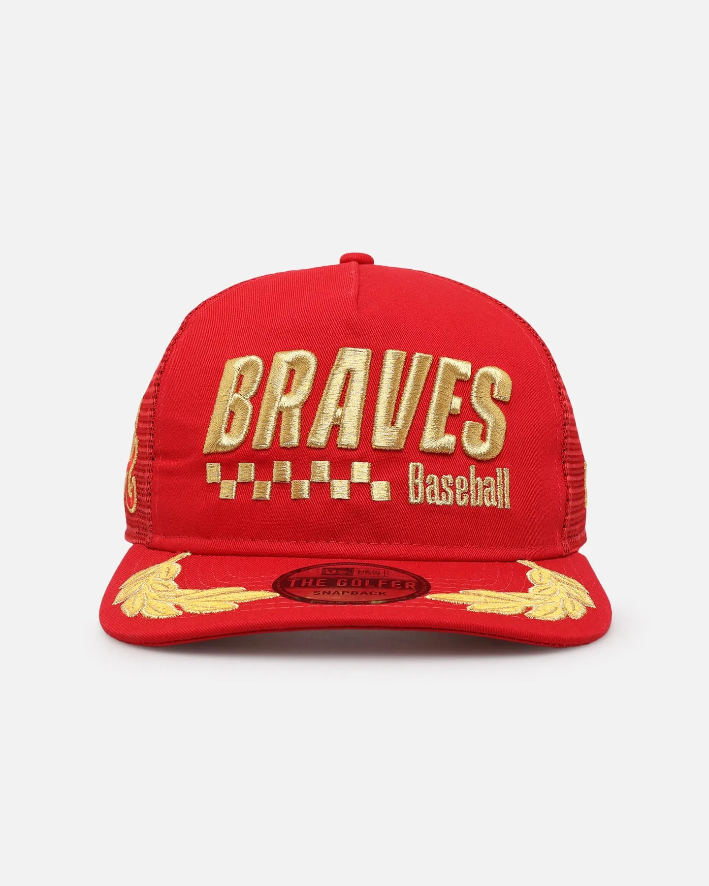 New Era Atlanta Braves 'Podium Collection' Pre-Curved Golfer Trucker Snapback Scarlet/Metallic Gold sold by Culture Kings