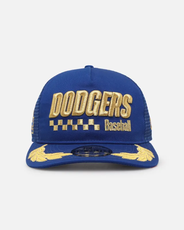 New Era Los Angeles Dodgers 'Podium Pack' Pre-Curved Golfer Trucker Snapback Light Royal/Metallic Gold sold by Culture Kings
