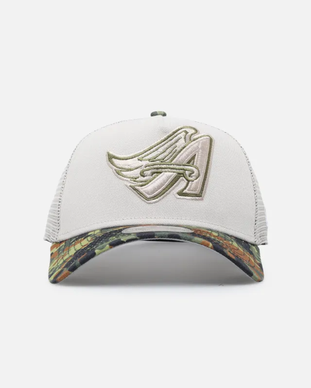 New Era Los Angeles Angels "Camo Visor" 9FORTY A-Frame Trucker Snapback Stone/Olive sold by Culture Kings