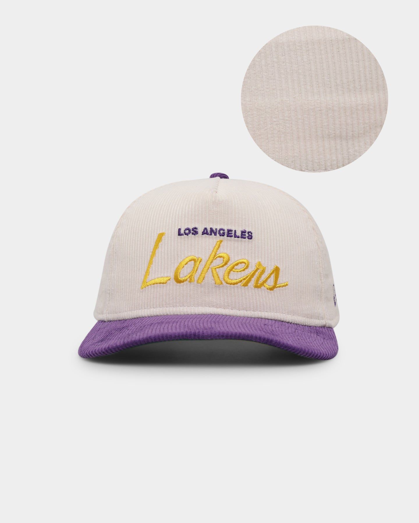 New Era Los Angeles Lakers 'Chrome Corduroy Throwback Script' Golfer Snapback Chrome White sold by Culture Kings
