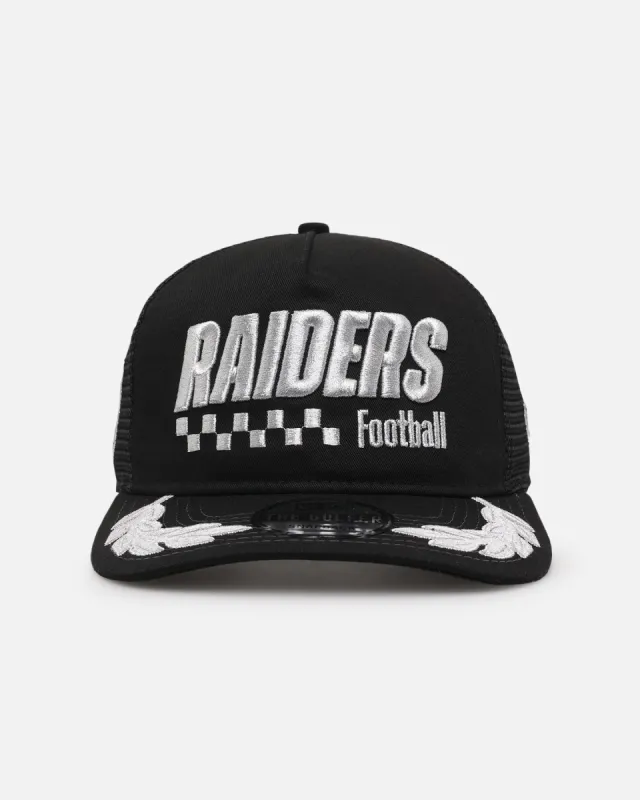 New Era Las Vegas Raiders 'Podium Pack' Pre-Curved Golfer Trucker Snapback Light Royal/Metallic Gold sold by Culture Kings