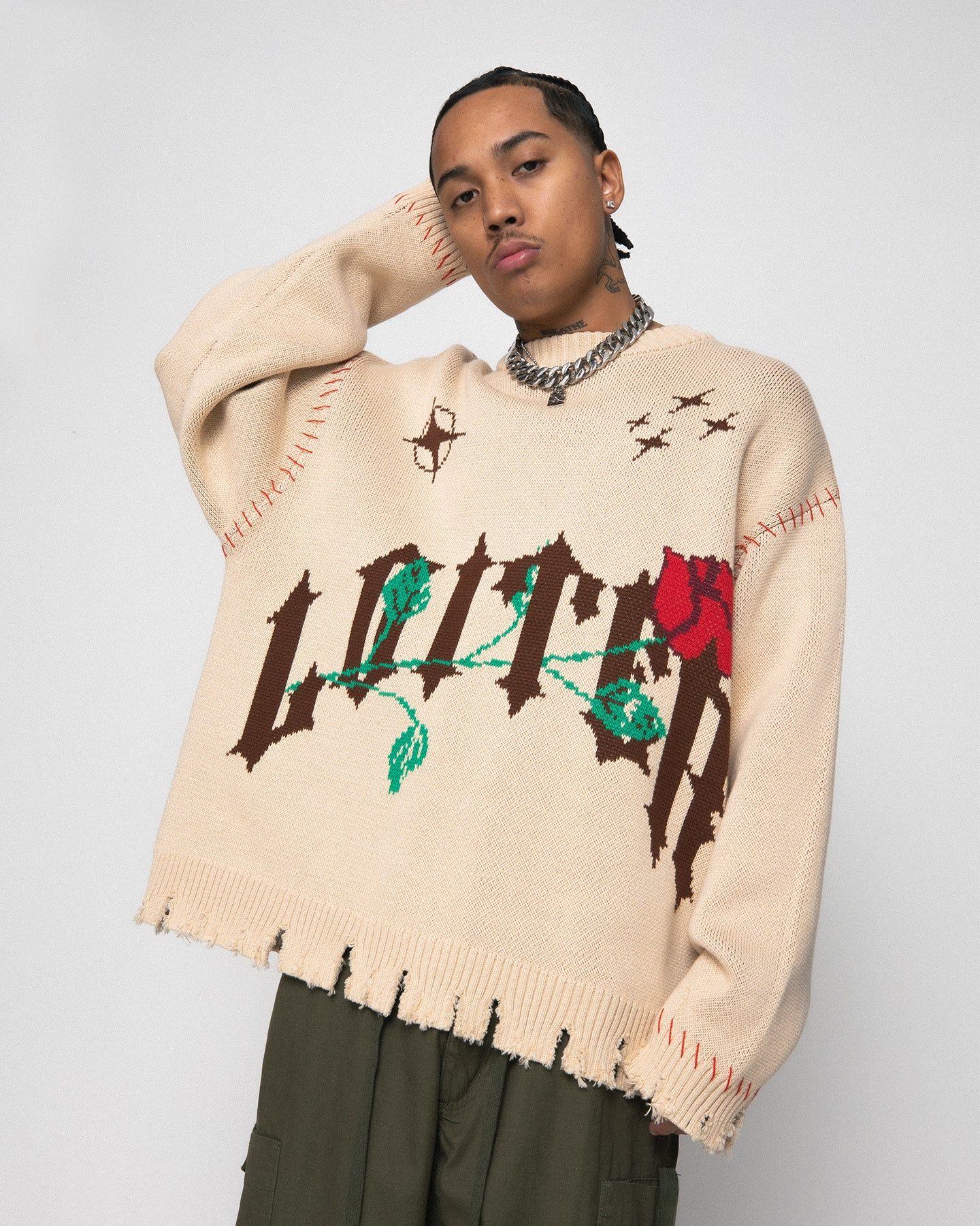 Loiter Fable Distressed Knit Sweater Stone sold by Culture Kings