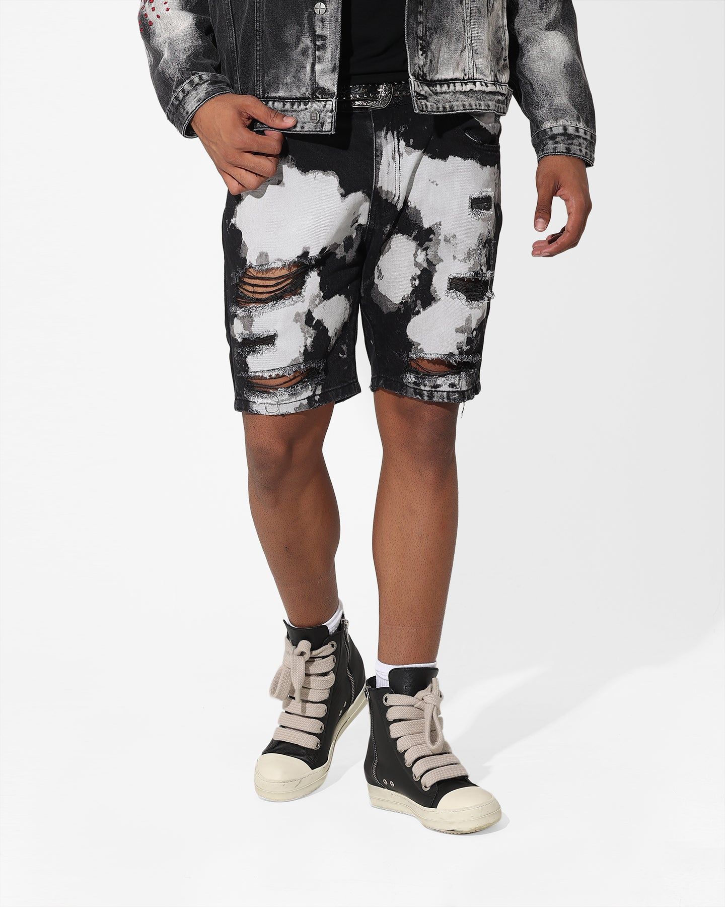 Saint Morta Splat Destroyer Denim Shorts Black/Grey sold by Culture Kings